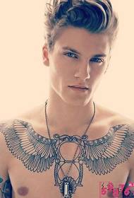 European and American boys chest personality hourglass wings tattoo