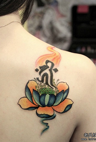 woman shoulder Sanskrit lotus tattoo pattern