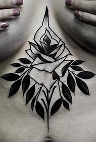 female chest school black gray rose leaves tattoo pattern