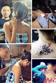 girl back neck crown letter tattoo scene