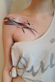 Watercolor striped tattoo on the right shoulder