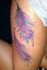 thigh pink peacock feather tattoo pattern