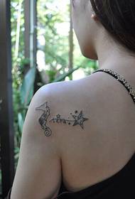 beauty back shoulder black and white hippocampus Star tattoo picture