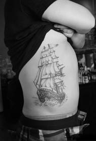 men's side waist domineering sail black and white tattoo  113799 - Creative Capricorn black and white side waist tattoo