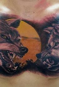 Tianjin Xiaodong Tattoo show works: front chest wolf head tattoo pattern