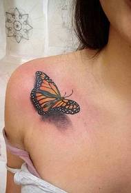 girl with realistic 3d small butterfly tattoo on the shoulder