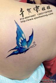 Vakre kvinnelige skuldre ser vakkert farget tatoveringsmønster for sommerfugl
