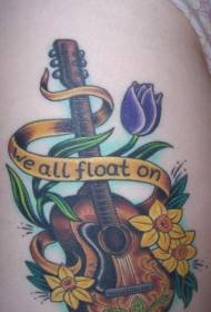 腰部彩色漂浮的鲜花和吉他纹身图片