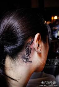 girl's ear beautiful fashion black gray feather tattoo pattern