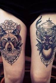 thigh old school deer and wolf tattoo pattern
