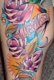 leg Color hummingbird and flower tattoo pattern