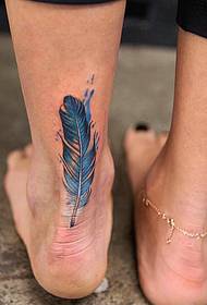 a piece of colored feather tattoo on bare feet