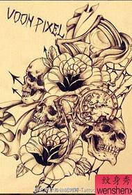 a black and white skull rose tattoo work shared by the tattoo museum