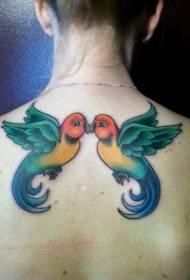 背部两个接吻的小鸟纹身图案