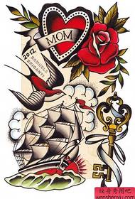 Love Rose Swallow Sailboat Key Tattoo Manuscript Pattern