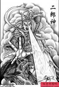 满背黑白素描二郎神文身手稿图片