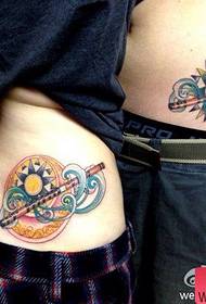 waist classic couple flute moon sun tattoo ຮູບແບບການແຕ້ມຮູບ