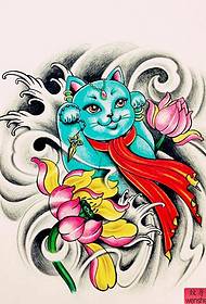 Lucky Cat Lotus Tattoo Manuscript Pattern