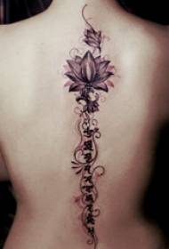 tattoo back girl female spine sa Sanskrit at lotus tattoo na larawan