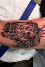 Impressive black and white hook fish arm tattoo pattern