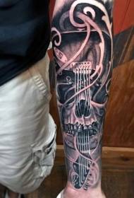 Arm amazing hand drawn black and white skull shape guitar tattoo pattern