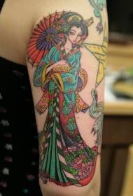 Geisha and stars colored arm tattoo pattern