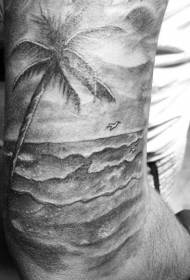 Arm very realistic black and white coast with palm tree tattoo pattern