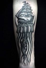 Arm black and white jellyfish combined with sailboat tattoo pattern