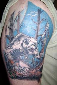 팔 컬러 늑대 인간 문신 사진