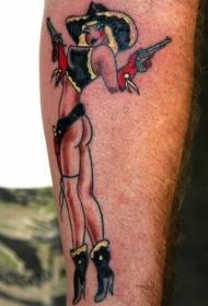 Cowboy meisje en pistool kleurige earm tatoeëringspatroon