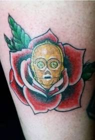 Leg color red big flower skull tattoo pattern