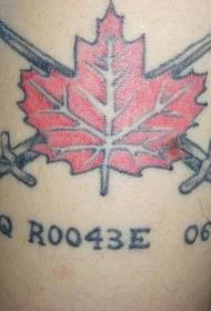 Crossed sword and red maple leaf tattoo pattern
