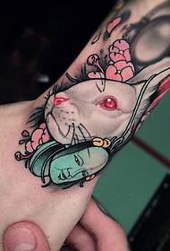 Arm small fresh flower colored bunny and mask tattoo pattern