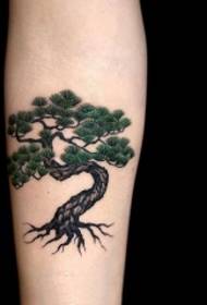 Arms with lush green pine tree painted tattoo pattern