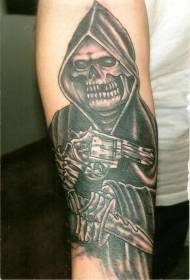 a tattoo with a pistol and a dagger on his arm