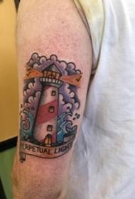 New traditional tattoo body with English words and small lighthouse tattoo pictures on the arm