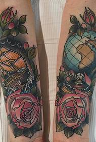Arm Europe and America school sailing rose globe tattoo pattern