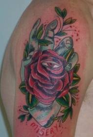 Big arm rose with eyes hand colored tattoo pattern