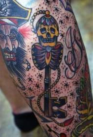 Old school pirate and character skull key arm tattoo pattern