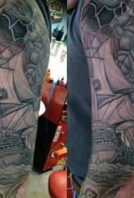 Incredible black Poseidon with sailing arm tattoo pattern