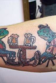 Frog is drinking beer colored arm tattoo pattern