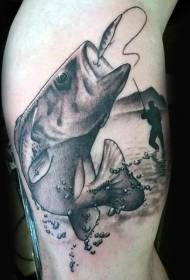 Big fish tattoo pattern with black and white hooks on the arm