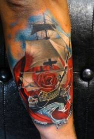 Beautiful colorful boat and wavy rose arm tattoo pattern