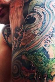 Arm Asian style colorful dragon and wavy tattoo pattern