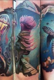 Nádherné malované mořské dno medúzy a želva tetování paže vzor