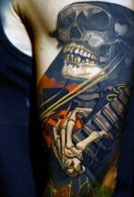 Labai gražios spalvos kaukolės skeletas, grojantis gitaros tatuiruotės modeliu
