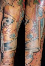 Arm flame and yellow sports car tattoo pattern