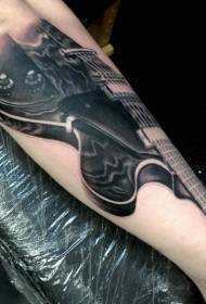 Црна и бела рака нацртана шема на тетоважа на гитара за личност