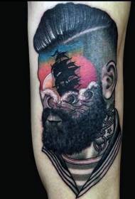 Arm colored male portrait and sailboat combination tattoo pattern