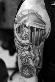Hermosa arquitectura griega antigua y patrón de tatuaje de brazo de escultura de guerrero